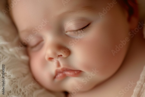 Baby peacefully sleeps on a light background.