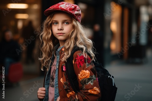 Portrait of a cute little girl with long blond hair in a red beret and coat on the street.