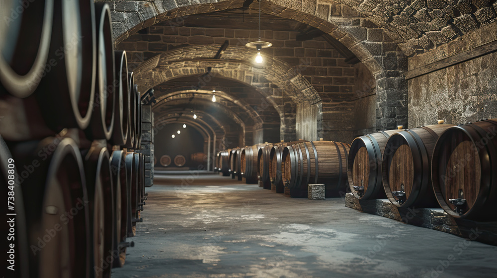 rustic warehouse with barrels of wine.