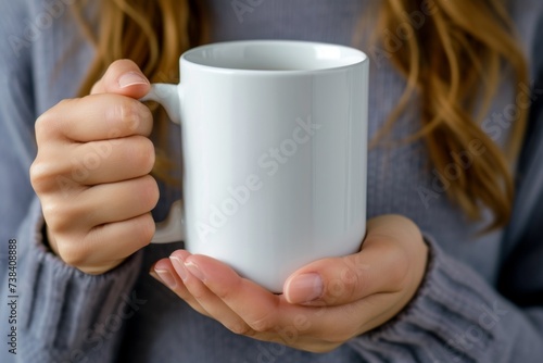 Hands in sweater holding mug.