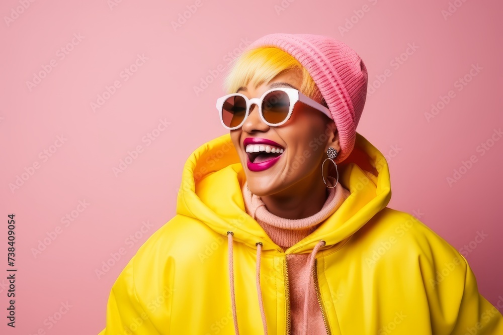 Portrait of a beautiful fashionable woman in yellow jacket and pink hat.