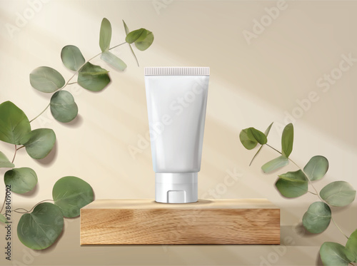 Realistic eucalyptus bottle cosmetics set, beauty eucalyptus design, treatment cosmetics collection vector, packaging mockup, 3d scene background