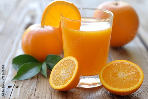 Orange juice with oranges on light.