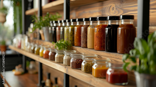 The shelves lined with various sauces condiments and dressings adding flavor and variety to meals. photo