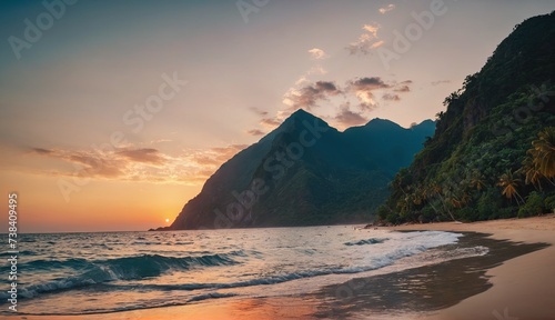 A tranquil beach at dusk with gentle waves and a backdrop of majestic mountains and lush palm trees under a pastel sky. Generative AI.