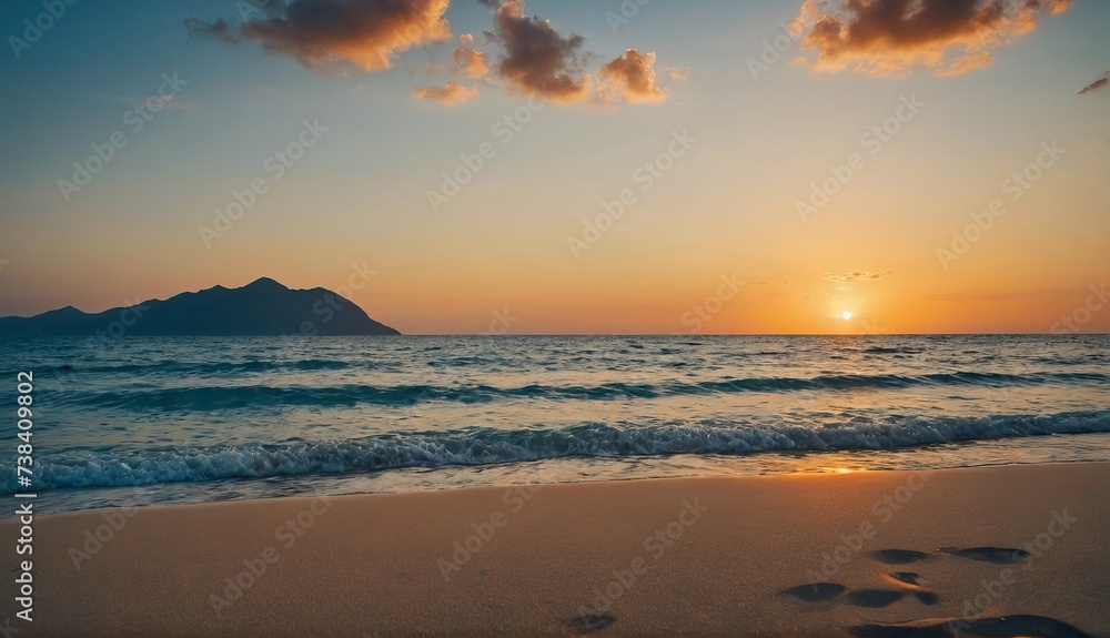 A tranquil beach at dusk with gentle waves and a backdrop of majestic mountains and lush palm trees under a pastel sky. Generative AI.