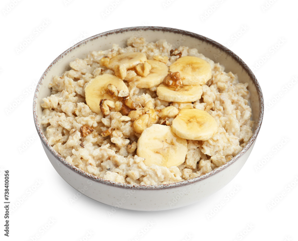 Tasty oatmeal with banana and walnuts in bowl isolated on white Tasty oatmeal with banana and walnuts in bowl isolated on white