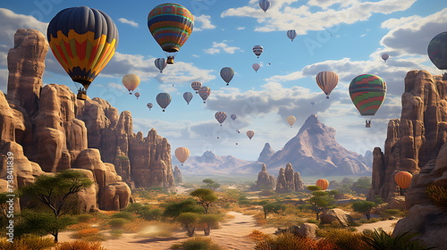 a colorful air balloon is over a desert, generative ai photo
