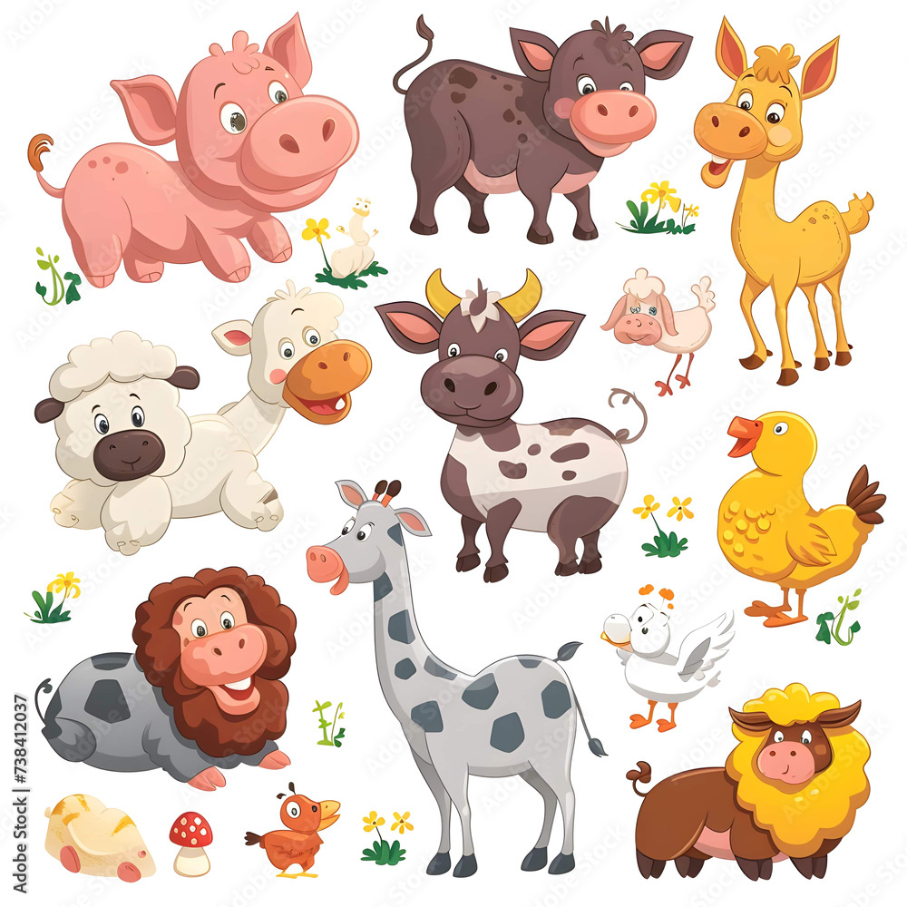 Obraz premium Set of cute farm animals pack sticker style on transparent background - Ai generated