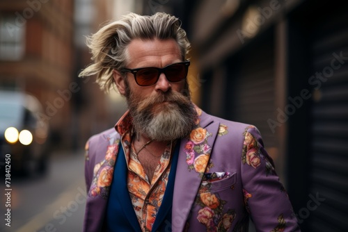 Portrait of a handsome mature man with long gray beard, mustache and sunglasses, dressed in a lilac jacket, standing on a city street. Men's beauty, fashion. © Igor