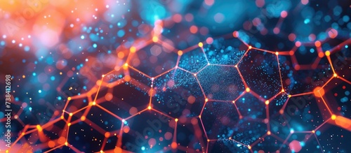 Graphene, a hexagonal atomic structure, is a scientific breakthrough in molecular chemistry, with abstract honeycomb shapes made of glowing neon particles.