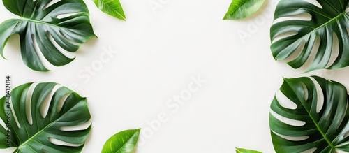 Top view of an isolated gold monstera leaves plant frame on a white background with abstract copy space.
