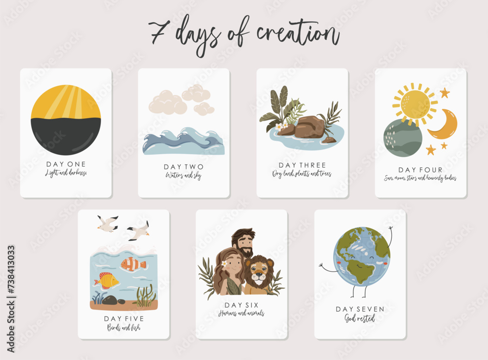 7 days of God's creation, boho silhouette, christian illustration, kids bible vector