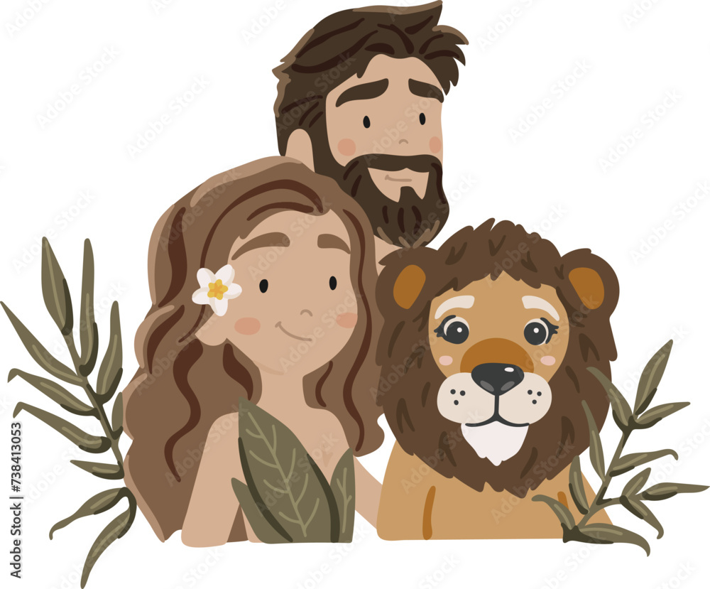 Adam and Eve and the animals, kids illustration, bible history Adam and Eve and the animals, kids illustration, bible history