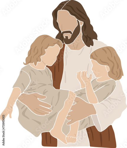 Jesus holds two little girls in his arms, boho silhouette, christian vector illustration