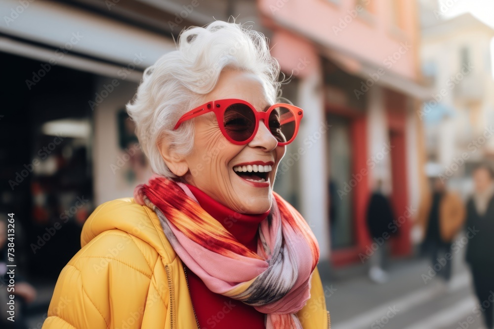 Portrait of a happy senior woman in red sunglasses on the street. Portrait of a happy senior woman in red sunglasses on the street.