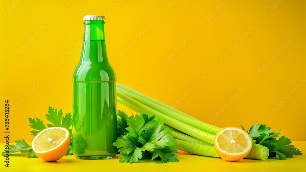 Smoothie in glass bottle, healthy green smoothie with celery and lemon on yellow background with texture Smoothie in glass bottle, healthy green smoothie with celery and lemon on yellow background with texture