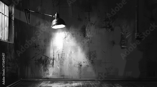  sala com grande lâmpada na parede em preto e branco