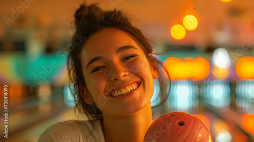 mulher sorridente com bola de boliche, fundo desfocado photo