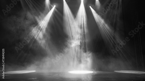 holofotes brilham no chão do palco dentro de uma sala escura, neblina flutua ao redor, ideia para plano de fundo, simulação de cenário Foto photo