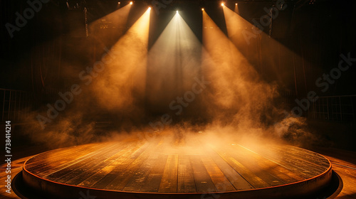 holofotes brilham no chão do palco dentro de uma sala escura, neblina flutua ao redor, ideia para plano de fundo, simulação de cenário Foto