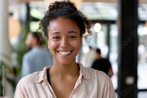 Headshot portrait of happy smiling mixed race female employee student posing at the university offices. Casual young black female in good mood