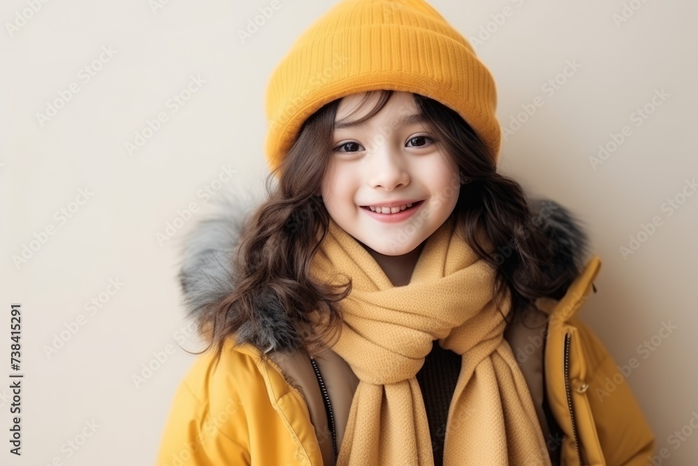 Portrait of a beautiful little girl in a yellow coat and hat