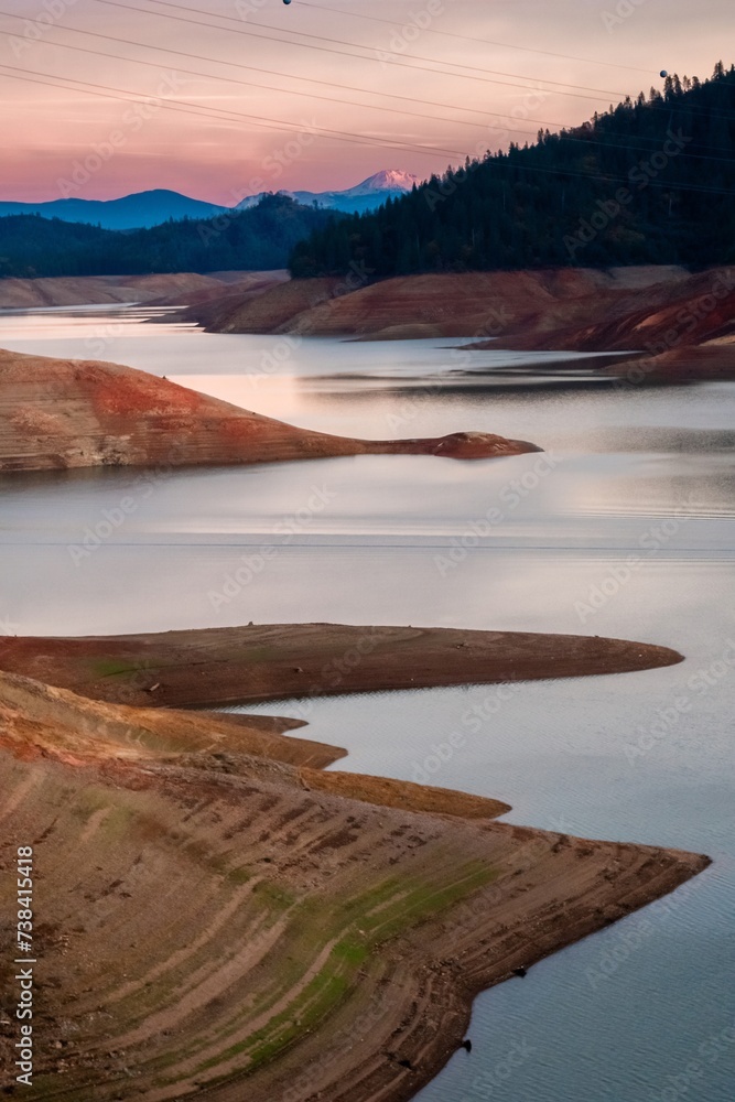Reservoir of Lake Shasta in low water level in Shasta, California, United States.