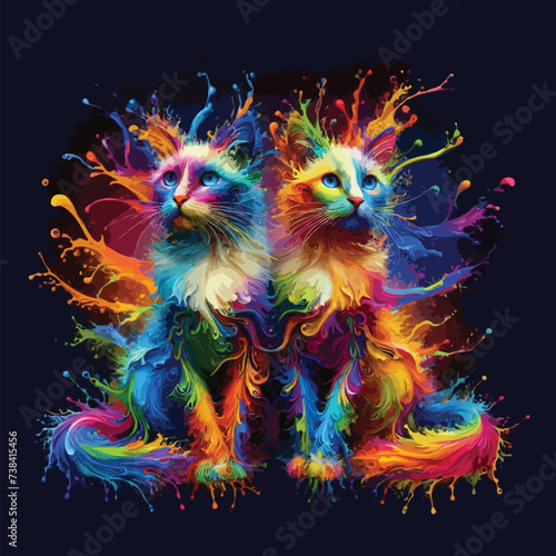 Cute sitting double cat watercolor splash paint vibrant colors eps vector illustration on isolated background, Abstract  art for logo, t-shirt design, posters, banners, greetings, sticker print design © DALIYA