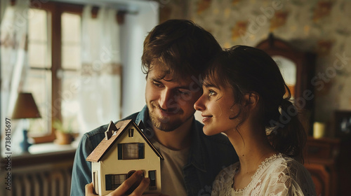 Jovem feliz casal pobre segurando uma casa em miniatura na mão, dentro do interior da casa no fundo photo