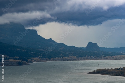 View of the Columbia River and Columbia River Gorge National Scenic Area near Portland. Oregon, United States.