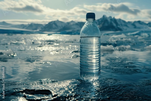 Bottle of mineral water on frozen lake. Global warming concept.