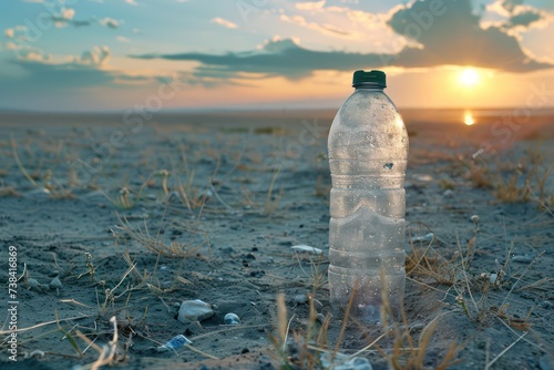 Plastic bottle of water on the beach at sunset, pollution concept