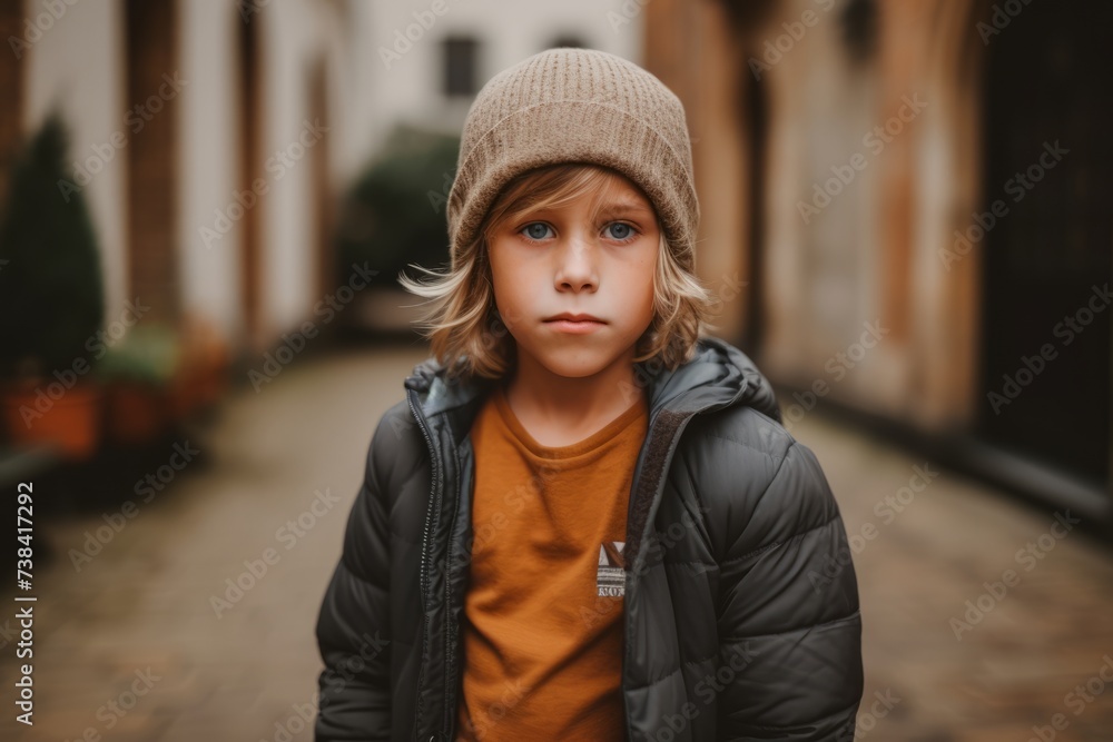Portrait of a cute little boy in a hat on the street Portrait of a cute little boy in a hat on the street