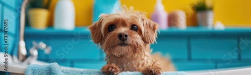 Cute dog taking a bath . Banner