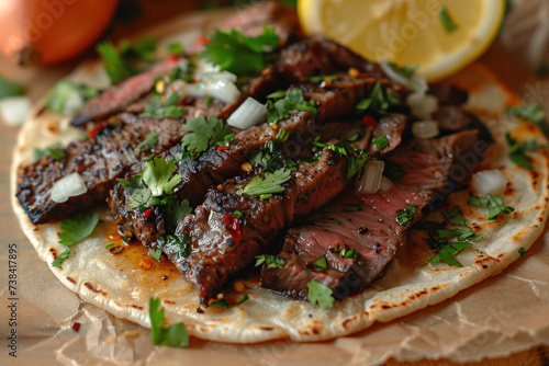 A authentic Mexican steak taco with cilantro, onion, and lemon