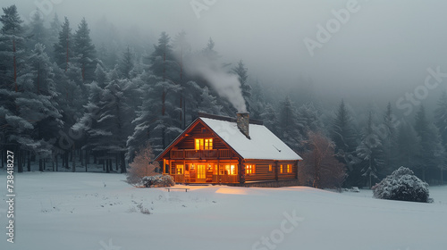 A rustic wooden cabin nestled in a snowy forest clearing. Generative ai. © Narong