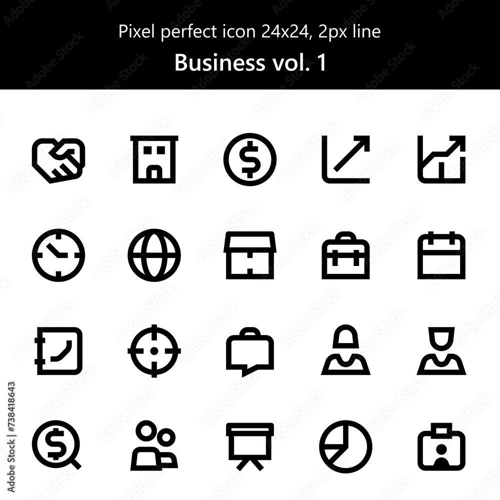 Pixel perfect business icons with a masculine style are perfect for your next project.