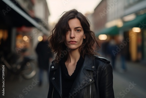 Portrait of a beautiful young woman in a leather jacket on the street