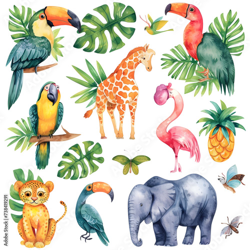 Set of Watercolor animals and birds sticker style on transparent background - Ai Generated