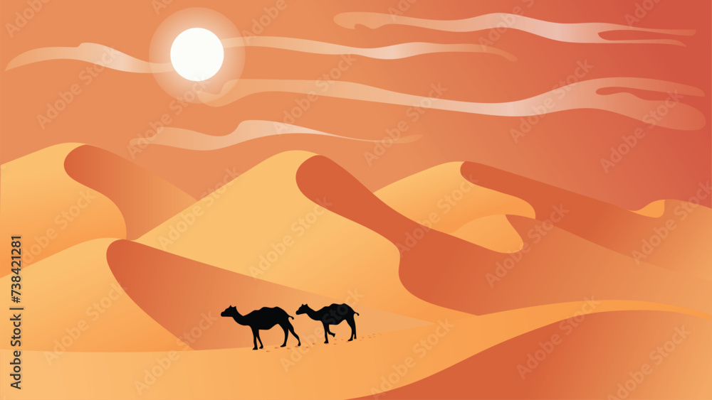 Wild desert landscape with golden dunes and yellow sandy hills. A silhouette camel caravan passing through the desert. You can use for banner, poster, website, social media. Islamic background. - obrazy, fototapety, plakaty 