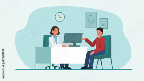 A female doctor interacting with her patient in a professional office environment. Medical consultation. Vector Illustration.