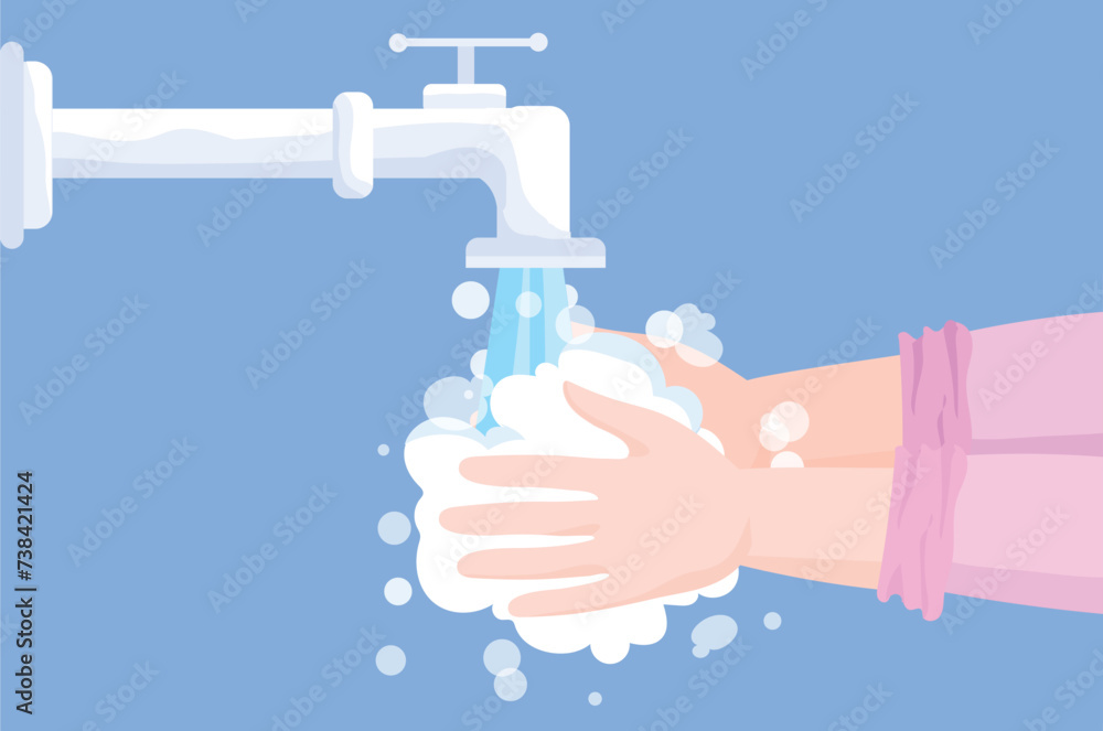 Vector Illustration of Hand Washing Under a Running Faucet. A pair of hands are in soap suds. Health, personal care, cleanliness and hygiene concepts. Vector Illustration of Hand Washing Under a Running Faucet. A pair of hands are in soap suds. Health, personal care, cleanliness and hygiene concepts.