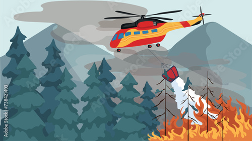 Vector illustration of forest fire scene with a helicopter conducting rescue operations to contain the fire and protect the ecosystem.