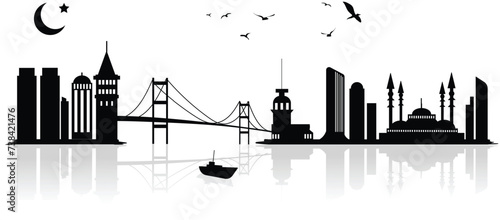 Silhouette Vector Illustration Landmarks and Modern Architecture of Istanbul, Turkiye. Galata Tower, Maiden Tower, and Istanbul Bosphorus Bridge. It’s for banner, poster, website, social media.