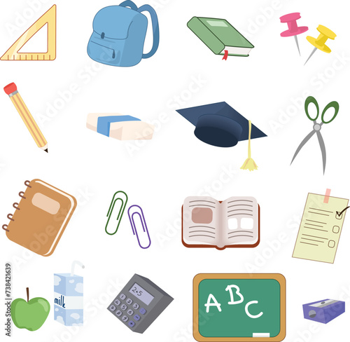 Colorful School Supplies collection. Various education materials vector illustration set.