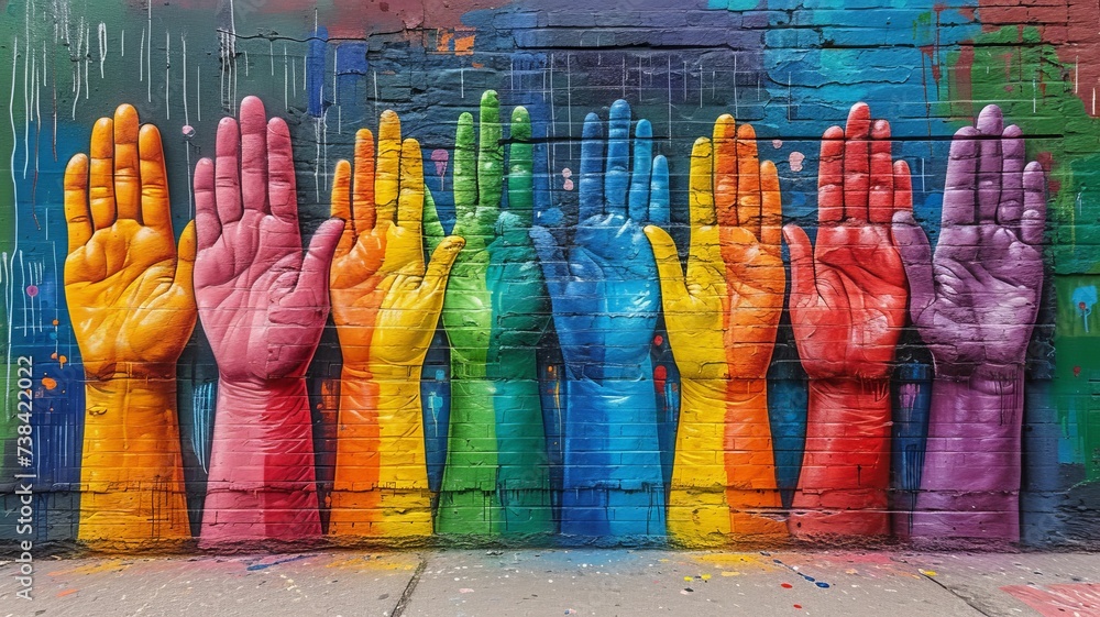mural with colorful painted hands as a sign of support for the lgbt - obrazy, fototapety, plakaty 