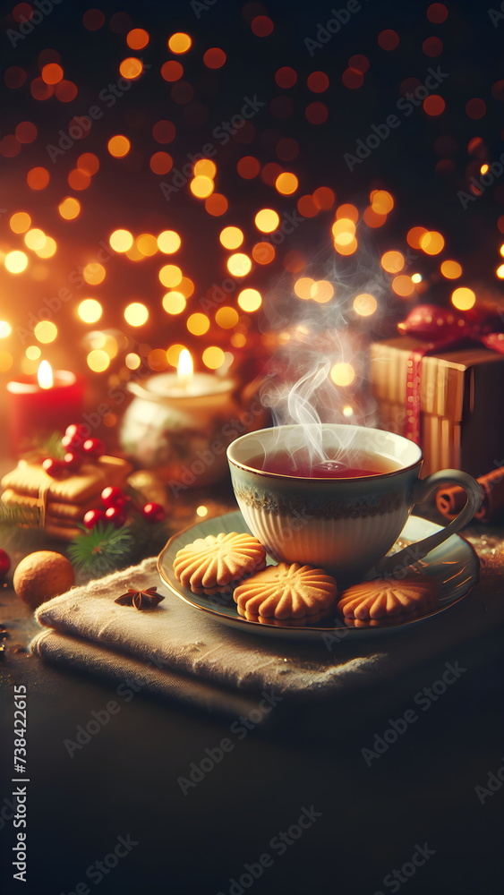 A steaming cup of tea and biscuits set upon a table against a backdrop of blurred lights and bokeh effects