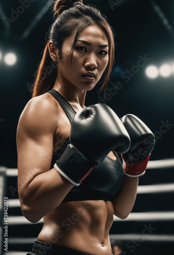 Asian girl boxer in a fighting stance in the ring © Black Morion