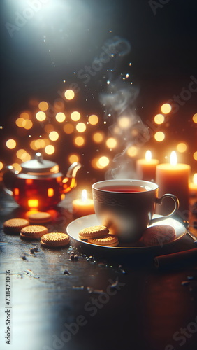 A steaming cup of tea and biscuits set upon a table against a backdrop of blurred lights and bokeh effects